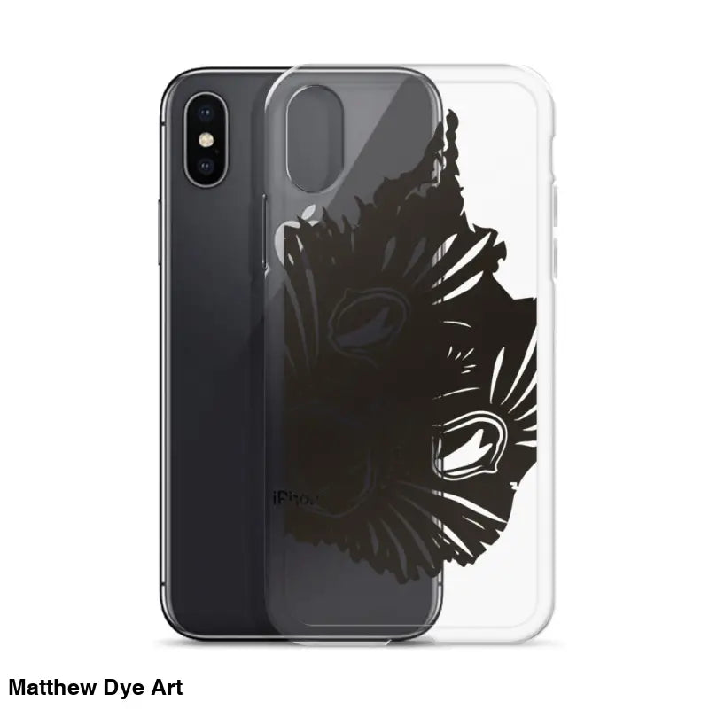 Clear iPhone case with black feather design for Ah Kitty Head spooky Halloween vibe
