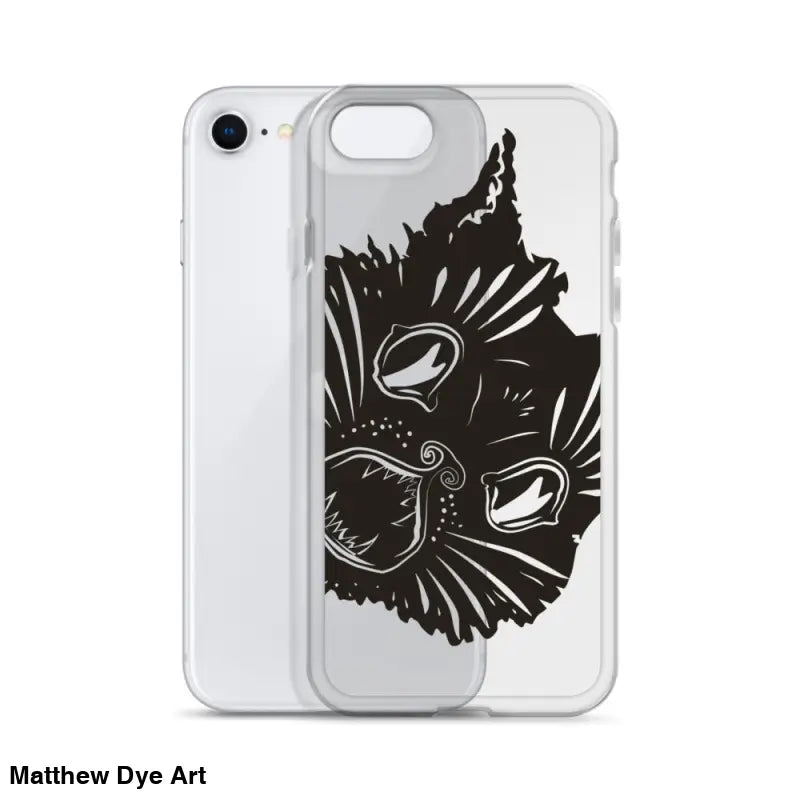 Clear iPhone case featuring Ah Kitty Head design with black cat face and spooky Halloween vibe