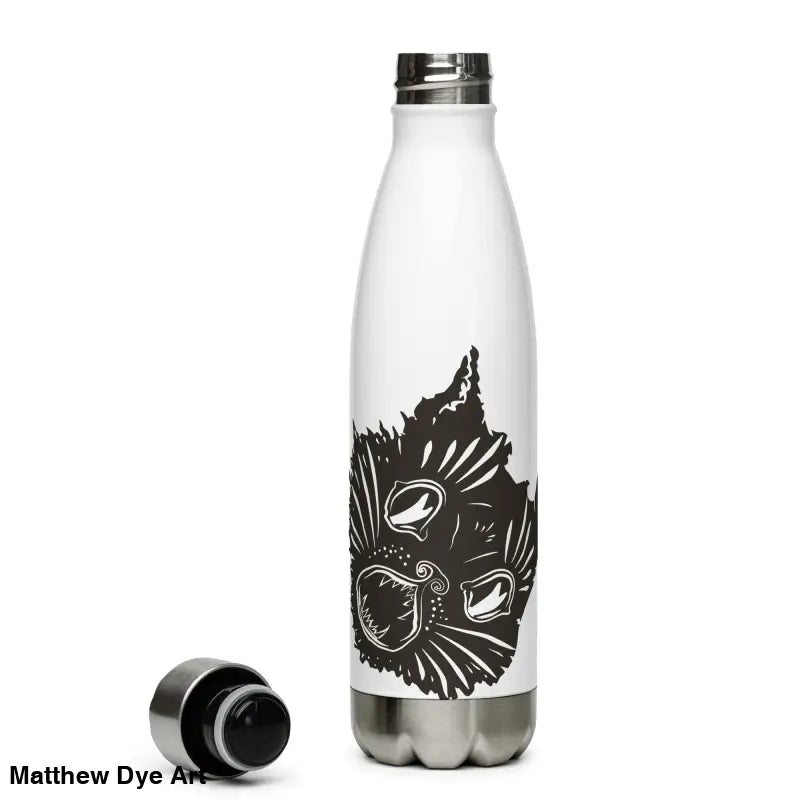 White water bottle featuring black cat design, part of Ah Kitty Head Stainless Steel line