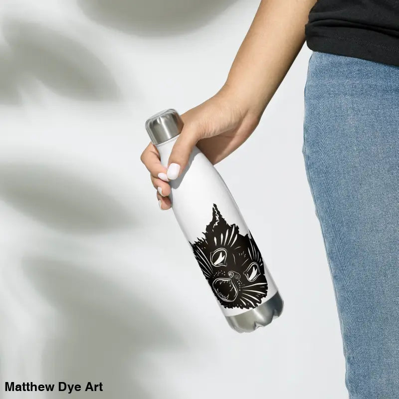White stainless steel water bottle featuring whimsical black cat design for hydration