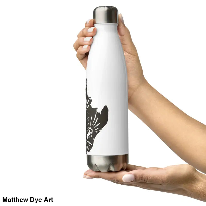 White stainless steel water bottle with black design featuring whimsical Halloween magic