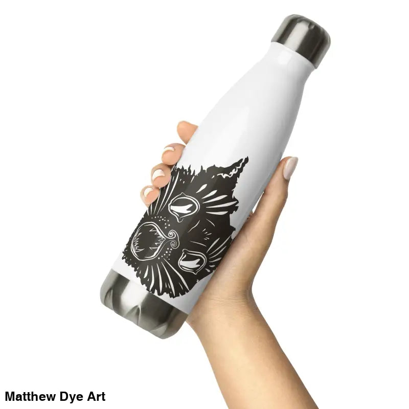 White stainless steel water bottle featuring a whimsical kitty head design for hydration
