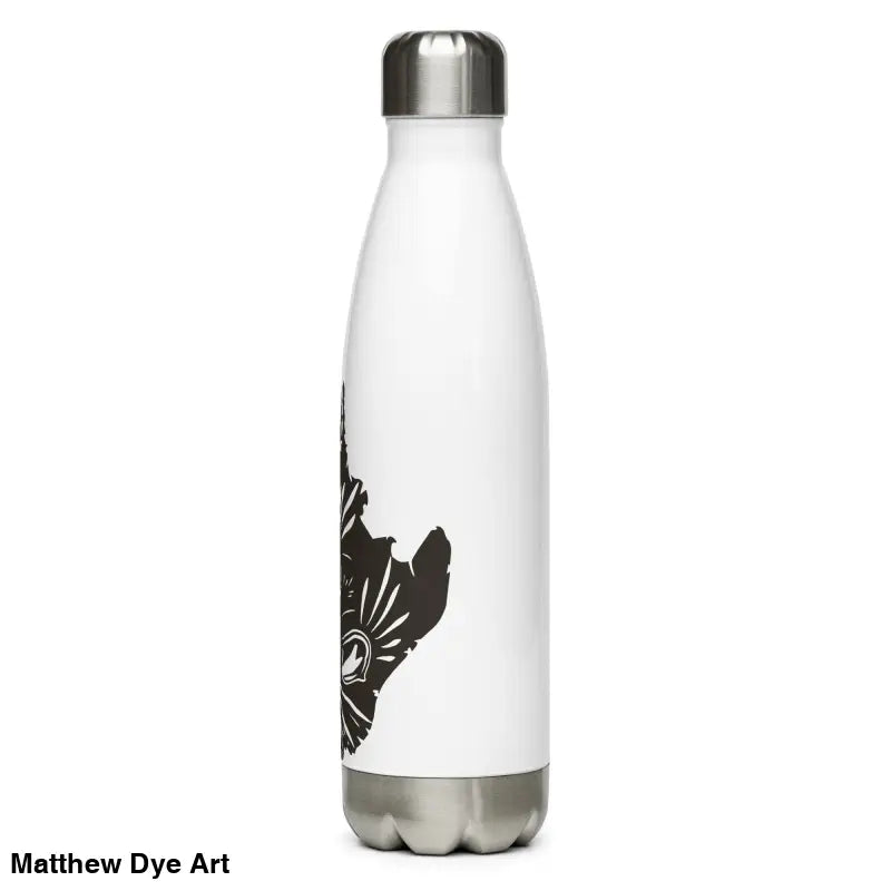 White stainless steel water bottle featuring whimsical black kitty head graphic design