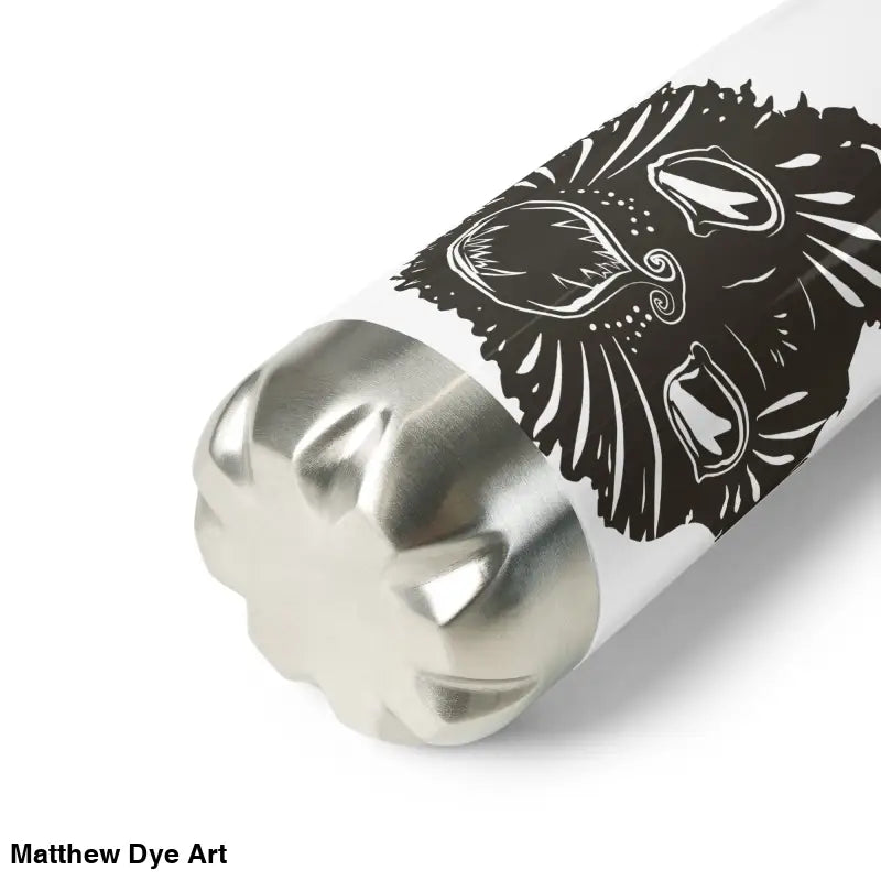 White stainless steel water bottle featuring black lion design for whimsical Halloween magic