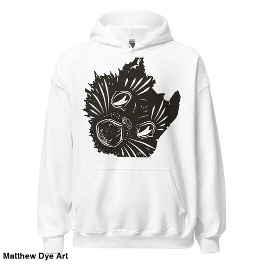 White hoodie with black cosmic design, perfect for Halloween in the Ah Kitty collection