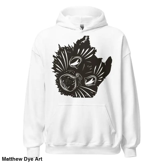 White hoodie with black cosmic design, perfect for Halloween in the Ah Kitty collection
