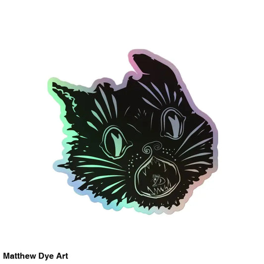 Holographic sticker of an enchanted kitty head with glowing green eyes and whiskers