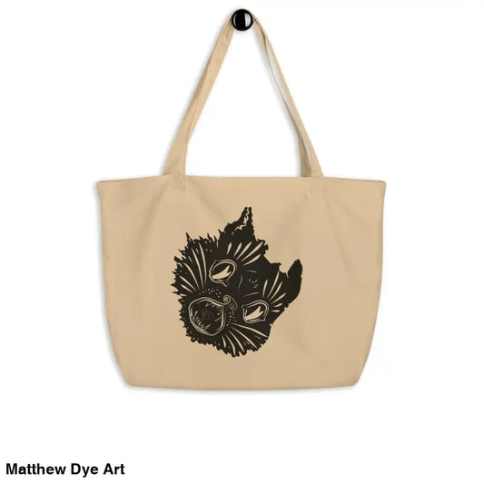 Beige tote bag featuring black cat graphic for Ah Kitty Large Halloween cotton tote