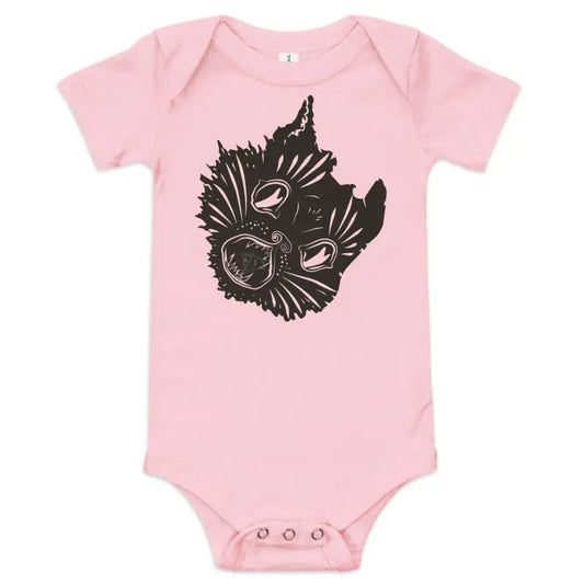 Pink baby one-piece onesie with black monkey graphic from Ah Kitty Halloween collection