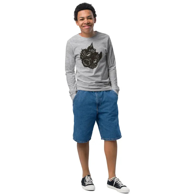 Boy in comfortable cotton unisex youth sweater from Ah Kitty, perfect Halloween sweater for kids