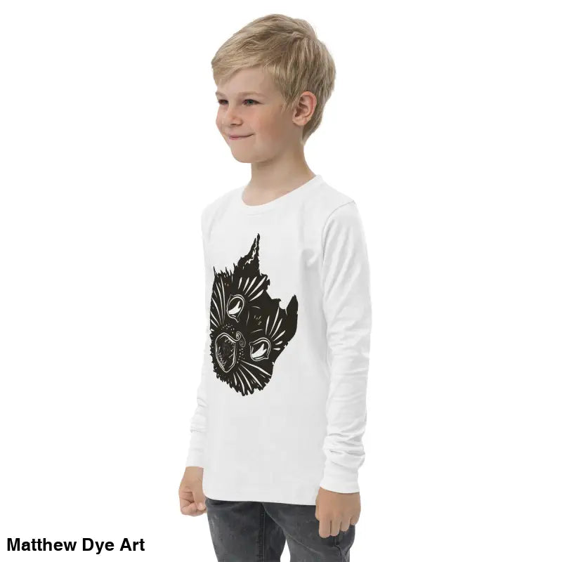 Boy’s long-sleeved white shirt featuring black graphic, ideal Halloween sweater for kids