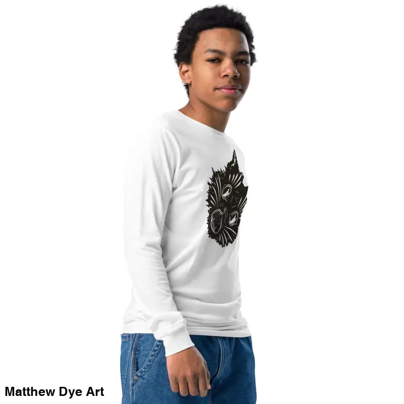 White long-sleeved Ah Kitty Halloween sweater for kids with black graphic design