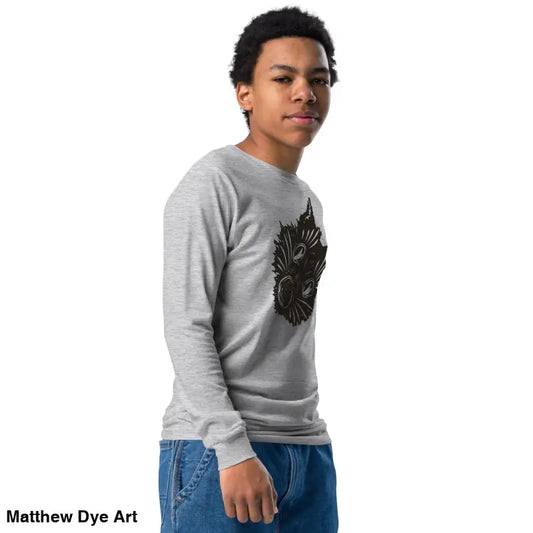 Gray long-sleeved Ah Kitty Halloween sweater for kids with black design