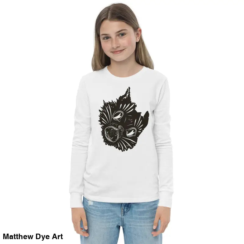 White long-sleeved youth shirt with black graphic, perfect Halloween sweater for kids