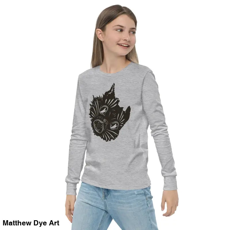 Girl wearing Ah Kitty comfortable cotton unisex youth sweater for Halloween