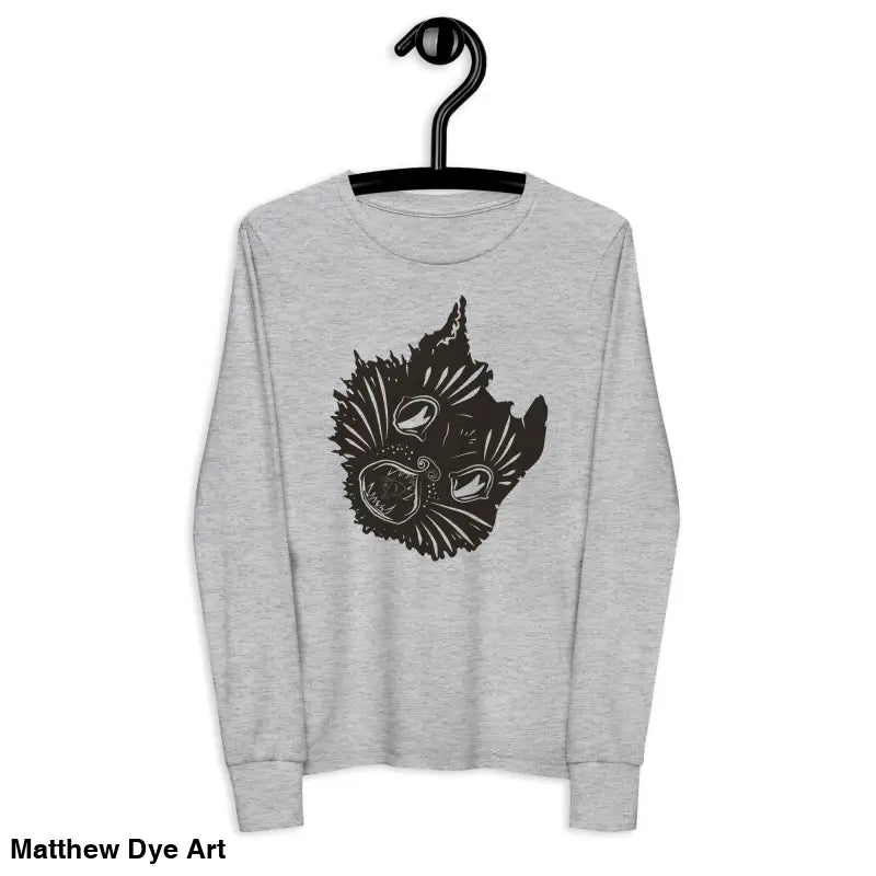 Gray long-sleeved Ah Kitty Halloween sweater for kids with graphic design