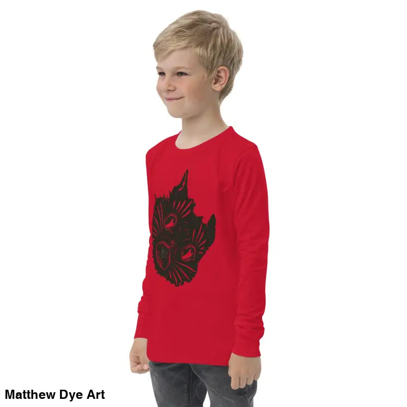 Red long-sleeved Ah Kitty comfortable cotton unisex youth sweater featuring black cat graphic