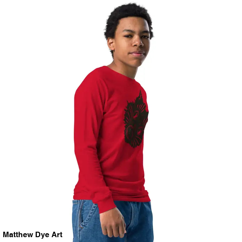 Red long-sleeved Ah Kitty Halloween sweater for kids featuring a black design