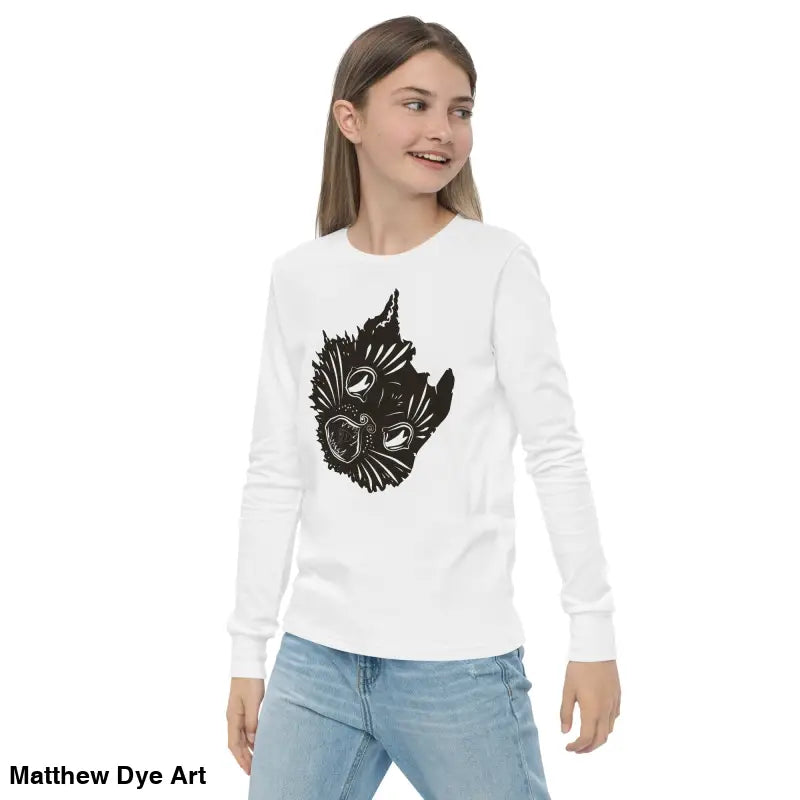 White long-sleeved Ah Kitty Halloween sweater for kids with black monster graphic
