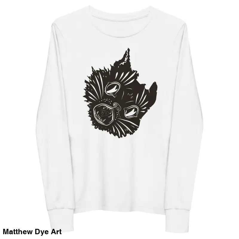 White long-sleeved Ah Kitty Halloween sweater for kids featuring black cat graphic