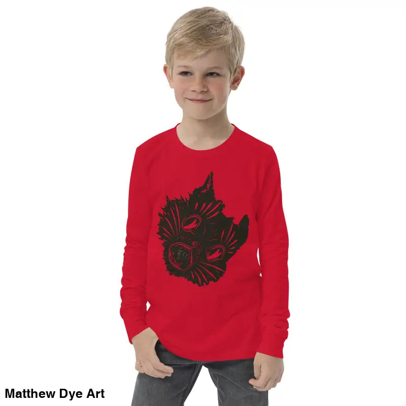 Red long-sleeved Ah Kitty Halloween sweater for kids with cat graphic design