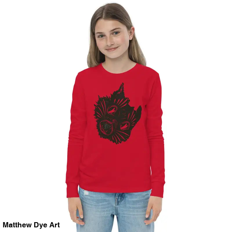 Red long-sleeved Ah Kitty Halloween sweater for kids featuring a cat graphic design