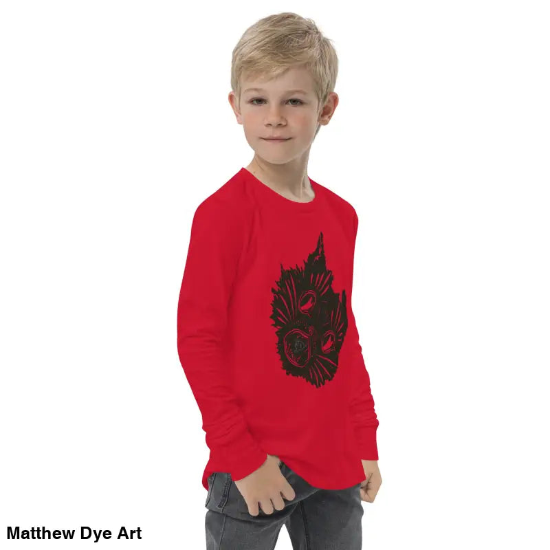 Red long-sleeved Ah Kitty youth shirt, a comfortable cotton unisex Halloween sweater for kids