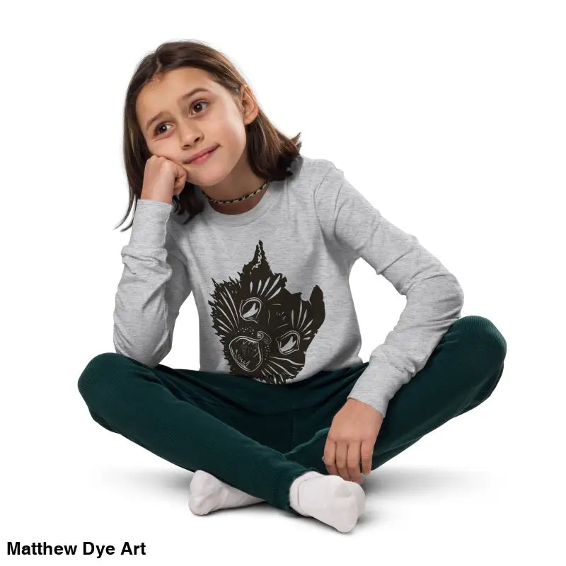 Girl wearing Ah Kitty comfortable cotton unisex youth sweater in gray and green