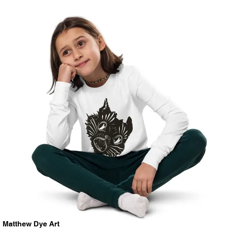 Child’s comfortable cotton unisex youth sweater featuring a black cat graphic from Ah Kitty