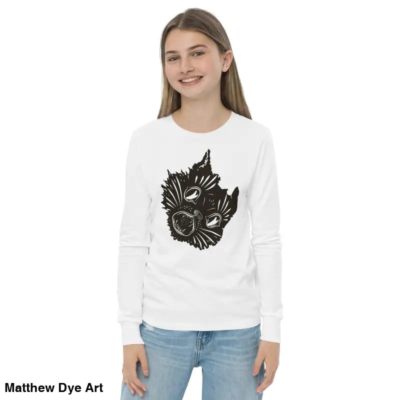 White long-sleeved Ah Kitty Halloween sweater for kids with black graphic design