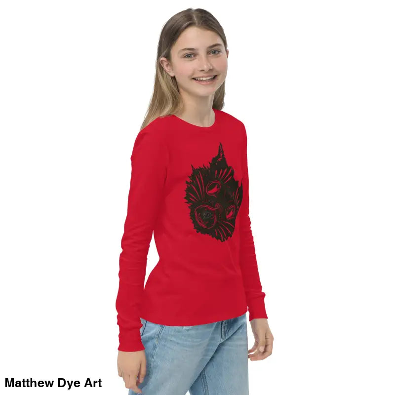 Red long-sleeved Ah Kitty Halloween sweater for kids with black graphic design