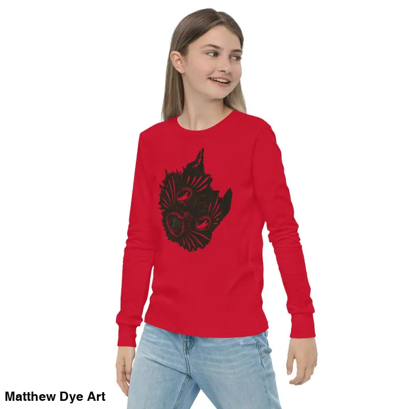 Red long-sleeved Ah Kitty Halloween sweater for kids featuring a playful cat graphic