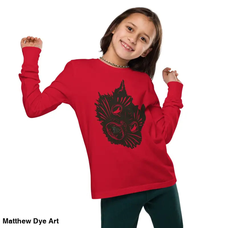 Girl wearing Ah Kitty comfortable cotton unisex youth sweater with cat graphic