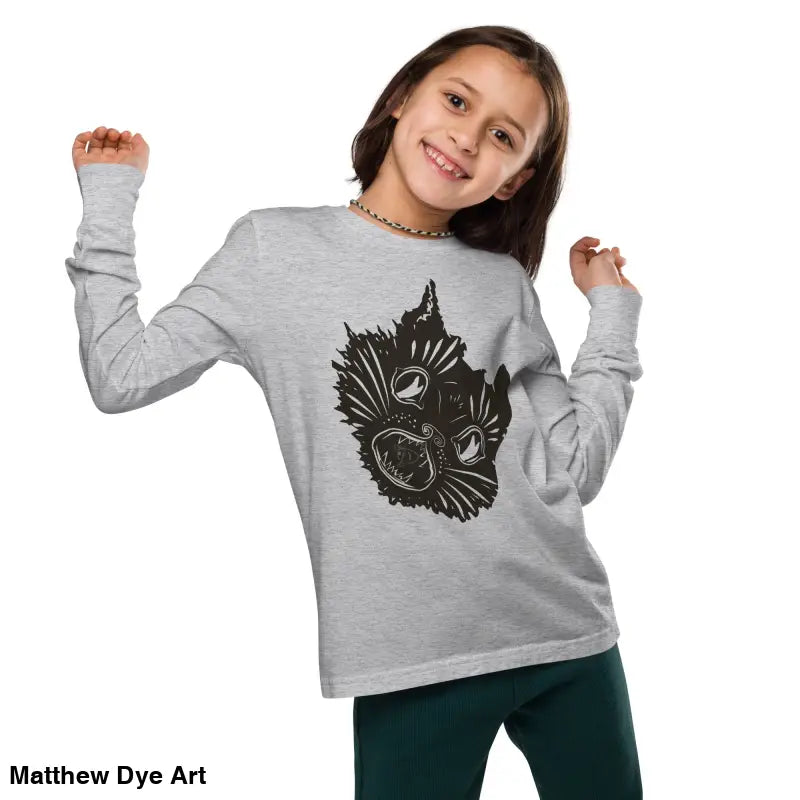 Gray long-sleeved Ah Kitty Halloween sweater for kids in comfortable cotton fabric