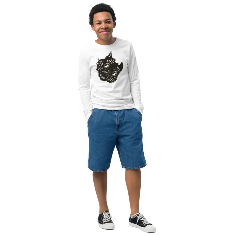 Boy’s long-sleeved Ah Kitty Halloween sweater for kids paired with denim shorts