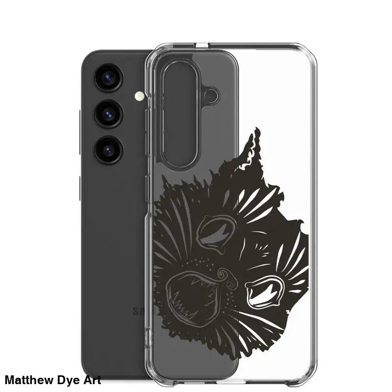 Clear Samsung Galaxy phone case featuring a black cat design, ideal for Ah Kitty fans