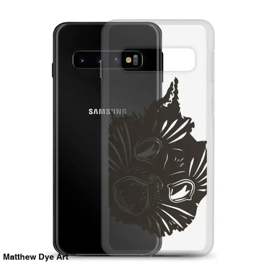 Clear Samsung Galaxy phone case featuring a black artistic cat design for spooky season