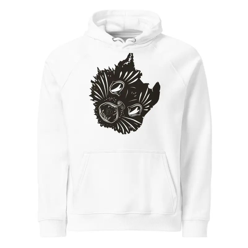 White hoodie sweatshirt featuring black cat face design from Ah Kitty Halloween Eco Hoodie