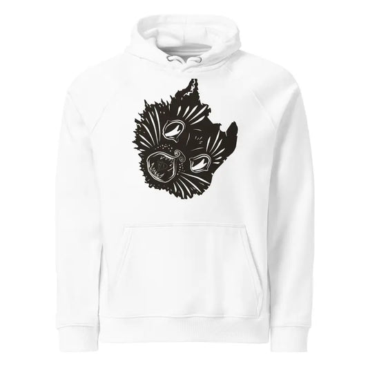 White hoodie sweatshirt featuring black cat face design from Ah Kitty Halloween Eco Hoodie