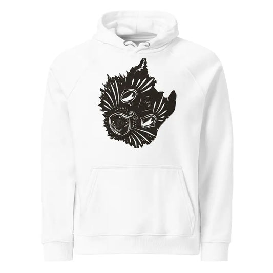 White hoodie sweatshirt featuring black cat face design from Ah Kitty Halloween Eco Hoodie
