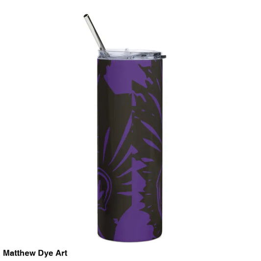 Purple and black insulated stainless steel tumbler featuring spooky art, Ah Kitty design