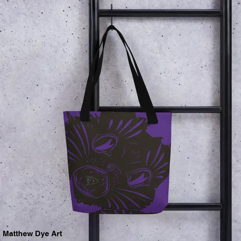 Purple tote bag with black handles featuring a spooky Halloween cat design, Ah Kitty