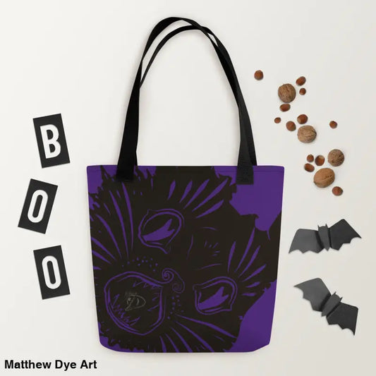 Purple Trick or Treat Tote Bag featuring Spooky Halloween Cat Design by Ah Kitty