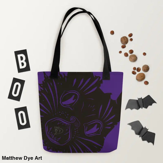 Purple Trick or Treat Tote Bag featuring Spooky Halloween Cat Design by Ah Kitty
