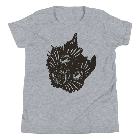 Gray t-shirt featuring a spooky cat graphic for youth Halloween magic attire