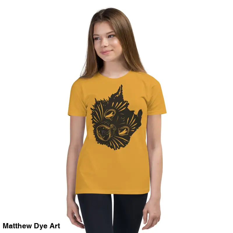 Youth-sized mustard t-shirt featuring a spooky cat gas mask graphic for Halloween magic