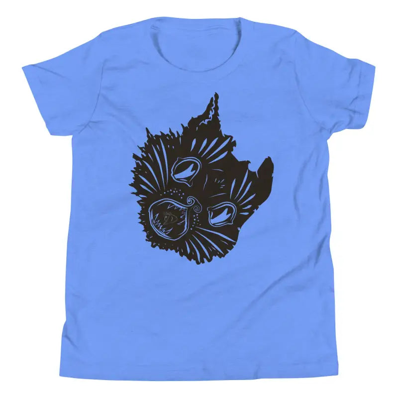 Blue t-shirt with a black cat design.