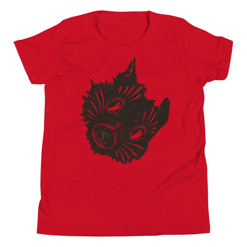 Red t-shirt featuring black monster graphic for spooky cat Halloween magic, youth size