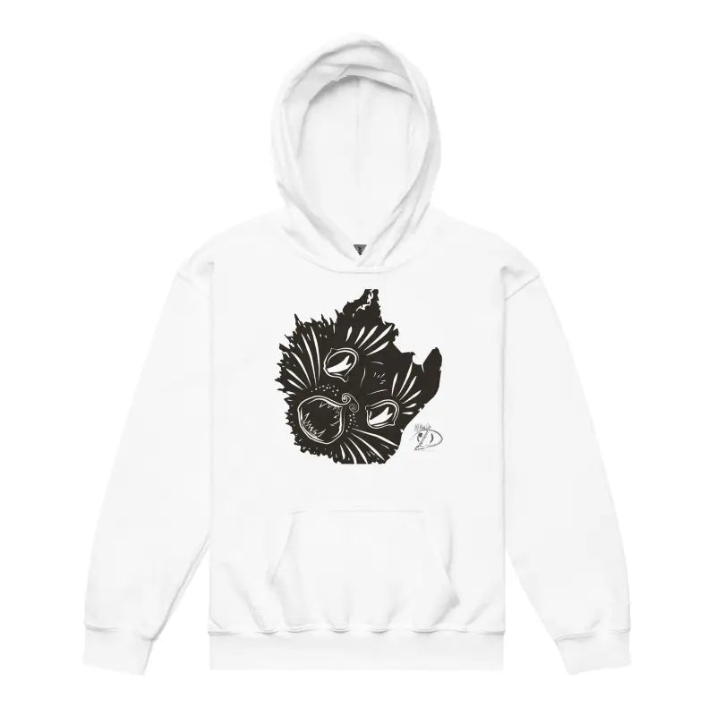 White hoodie with black wolf head graphic, ideal for spooky youth comfort