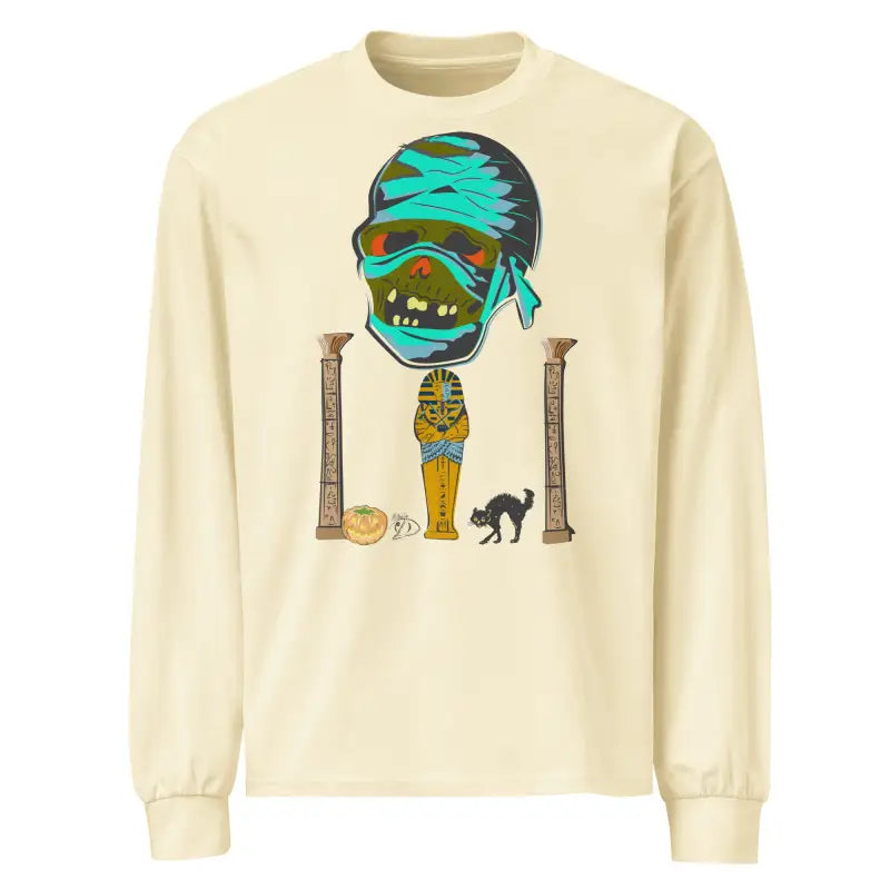 Beige premium long sleeve shirt featuring mummy mystique graphic for relaxed fit style